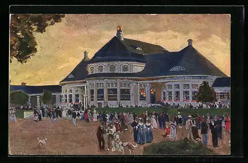 Künstler-AK Claus Bergen: München, Ausstellung 1908, Hauptrestaurant