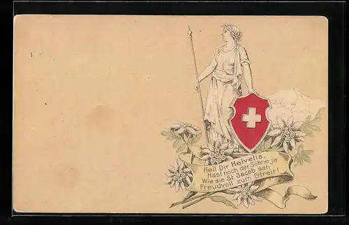 Präge-Lithographie Schweiz, Heil Dir Helvetia, Helvetia mit Landeswappen der Schweiz