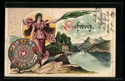 Lithographie Sisikon, Schweiz, Seepartie mit Kirche, Helvetia mit Wappenrad