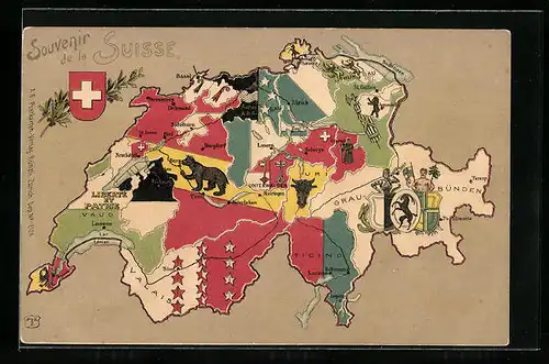 Lithographie Schweiz, Landkarte mit Kantonen der Schweiz, Schweizer Wappen