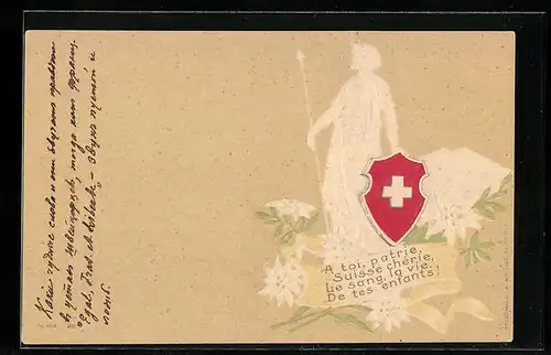 Präge-Lithographie Schweiz, A toi, patrie..., Helvetia mit Schweizer Wappen