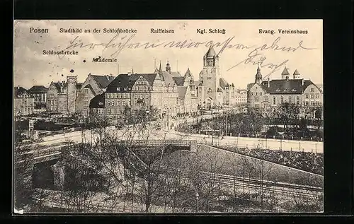 AK Posen, Stadtbild an der Schlossbrücke, Evang. Vereinshaus, Akademie