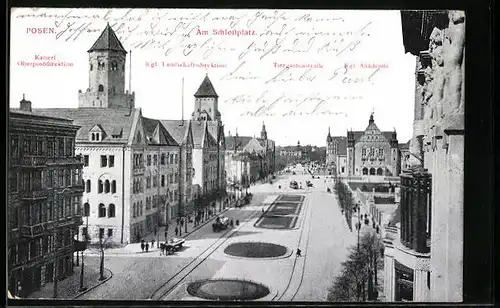 AK Posen, Am Schlossplatz, Kaiserl. Oberpostdirektion, Tiergartenstrasse