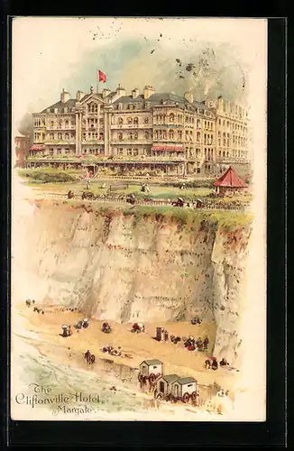 Lithographie Margate, the Cliftonville Hotel an Steilküste mit Strand