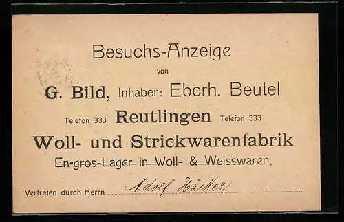 AK Reutlingen, Besuchs-Anzeige G. Bild Woll- und Strickwarenfabrik