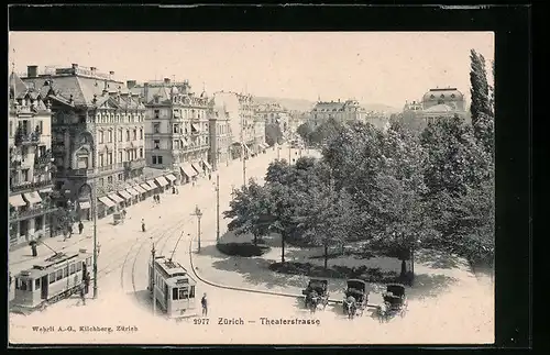 AK Zürich, Theaterstrasse mit Strassenbahn