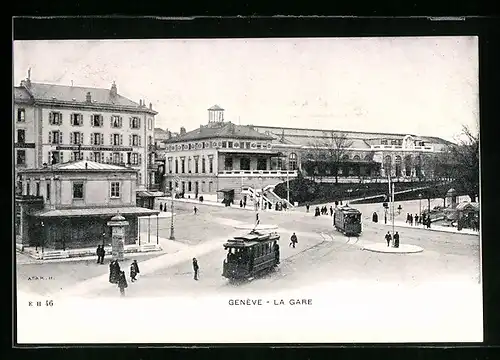 AK Genève, La Gare, Strassenbahn