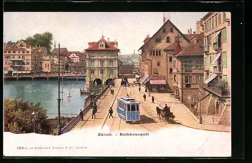 AK Zürich, Rathhausquai mit Strassenbahn