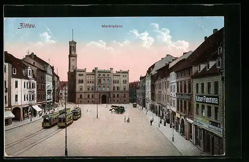AK Zittau, Marktplatz mit Strassenbahn