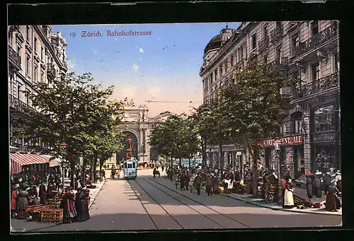 AK Zürich, Strassenbahn in der Bahnhofstrasse