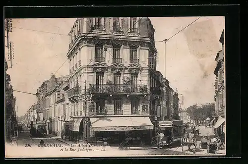 AK Bordeaux, Les Allées Damour et la Rue Judaique, Strassenbahn