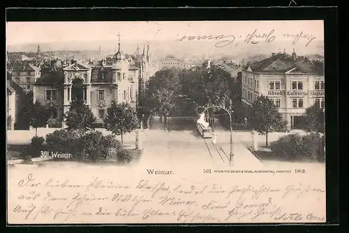 AK Weimar, Hotel Kaiserin Augusta, Strassenbahn