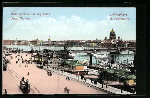AK St.-Petersbourg, Quai Nicolas, Strassenbahn
