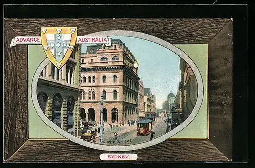 AK Sydney, George Street, Strassenbahn, Coat of Arms