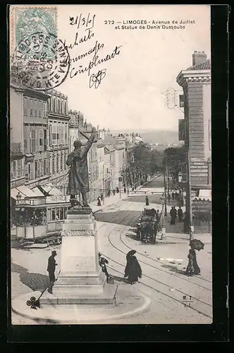 AK Limoges, Avenue de Juillet et Statue de Denis Dussoubs, Strassenbahn