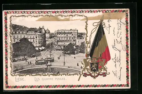 Präge-AK Liége, Les Quatre Places, Strassenbahn