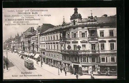 AK Karlsruhe, Strassenbahn an der Ecke Kaiser-und Herrenstrasse