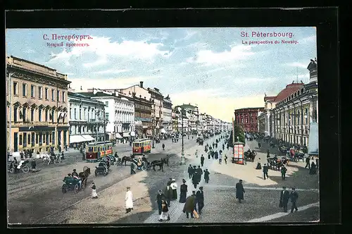 AK St. Pétersbourg, La perspective du Newsky, Strassenbahn