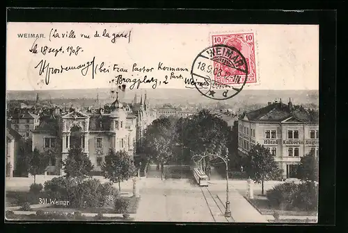 AK Weimar, Ortsansicht mit Strassenbahn