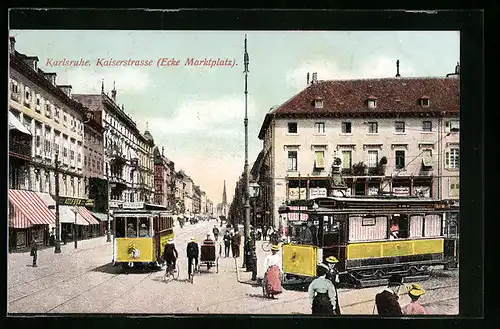 AK Karlsruhe, Kaiserstrasse Ecke Marktplatz mit Strassenbahn