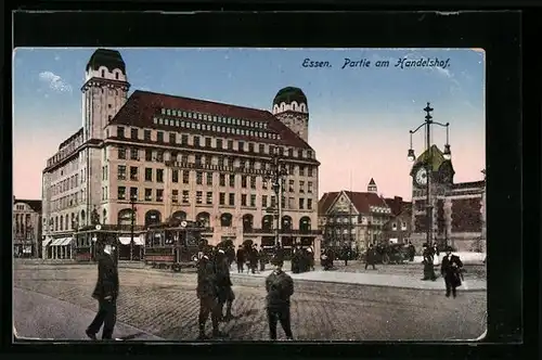 AK Essen, Partie am Handelshof, Strassenbahn