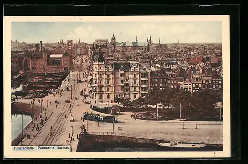 AK Amsterdam, Panorama Damrak, Strassenbahn