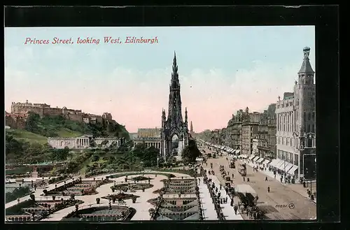 AK Edinburgh, Prince Street, looking West, Strassenbahn