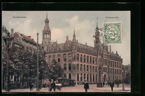 AK Amsterdam, Postkantoor, Strassenbahn