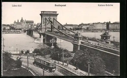 AK Budapest, Ketten-Brücke, Strassenbahn