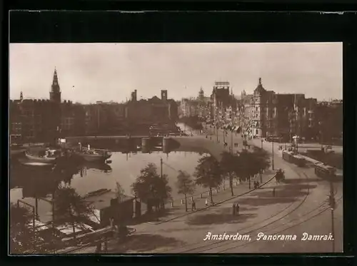 AK Amsterdam, Panorama Damrak, Strassenbahn