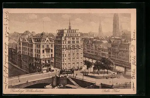 AK Hamburg, Wolkenkratzer, Stella-Haus, Strassenbahn