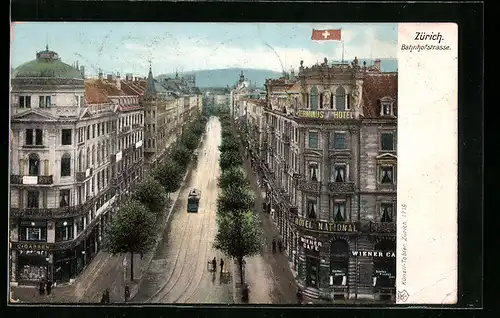 AK Zürich, Bahnhofstrasse aus der Vogelschau, Hotel National, Strassenbahn