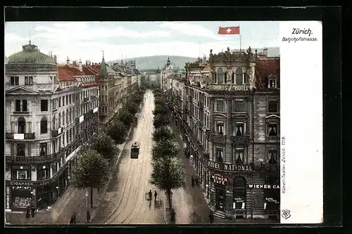 AK Zürich, Bahnhofstrasse aus der Vogelschau, Hotel National, Strassenbahn