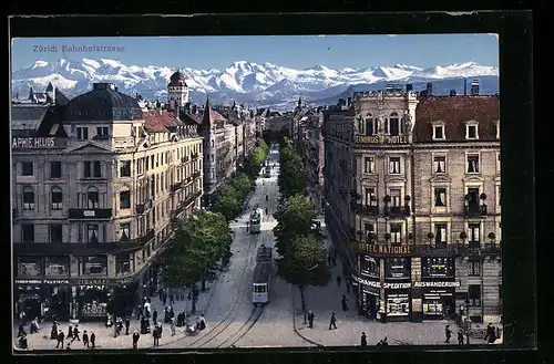 AK Zürich, Bahnhofstrasse aus der Vogelschau, Strassenbahn