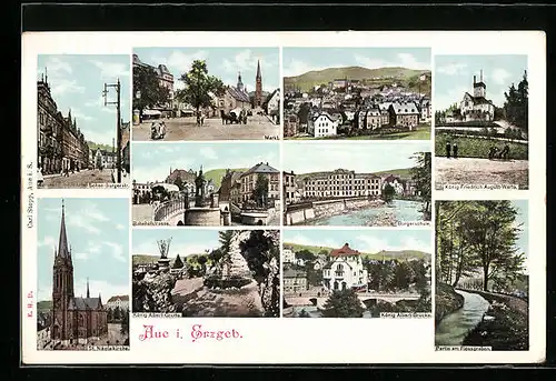 AK Aue i. Erzgeb., Markt, Bahnhofstrasse, St. Nikolaikirche, König Albert-Brücke