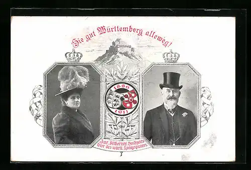 AK Erinnerung an die Silberhochzeitsfeier des württembergischen Königspaares 1911, Schloss, Ganzsache