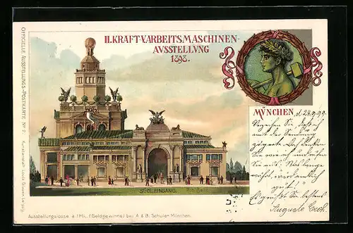 Lithographie Ganzsache Bayern: München, II. Kraft- und Arbeitsmaschinen-Ausstellung 1898, südl. Eingang