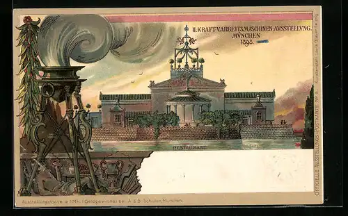 Lithographie Ganzsache Bayern: München, II. Kraft- und Arbeitsmaschinen-Ausstellung 1898, Restaurant