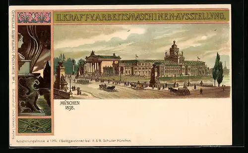 Lithographie Ganzsache Bayern: München, II. Kraft- und Arbeitsmaschinen-Ausstellung 1898, Ortspartie mit Gebäude
