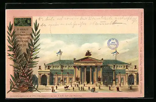 Lithographie Ganzsache Bayern: München, II. Kraft- und Arbeitsmaschinen-Ausstellung 1898, Hauptportal