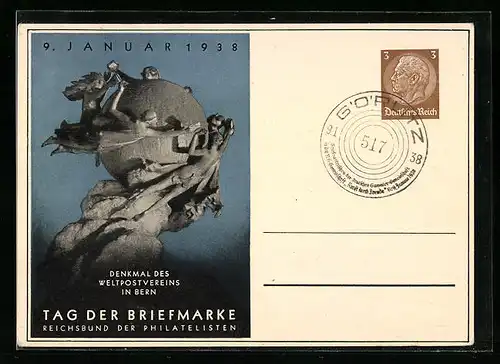 AK Ganzsache: Reichsbund der Philatelisten, Tag der Briefmarke 1938, Denkmal des Weltpostvereins in Bern