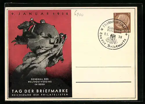 AK Ganzsache: Reichsbund der Philatelisten, Tag der Briefmarke 1938, Denkmal des Weltpostvereins in Bern