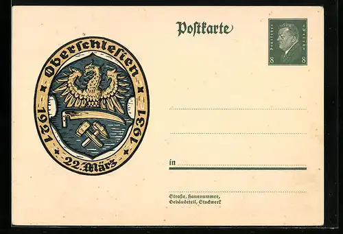 AK Ganzsache: Oberschlesien, 22. März 1921 - 1931, Wappen