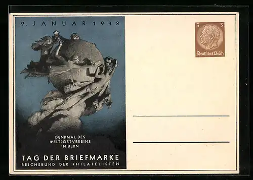 AK Bern, Tag der Briefmarke 9. Januar 1938, Denkmal des Weltpostvereins, Ganzsache