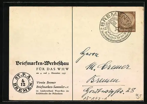 AK Bremen, Stadtpostamt, Briefmarken-Werbeschau für das WHW 1937, Verein Bremer Briefmarken-Sammler e. V., Ganzsache