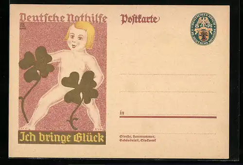 AK Deutsche Nothilfe, Ich bringe Glück, Nackedei mit Klee, Ganzsache