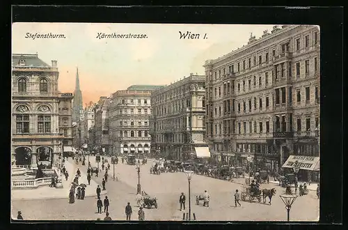 AK Wien, Kärntnerstrasse mit Geschäften und Brunnen, Stefansthurm