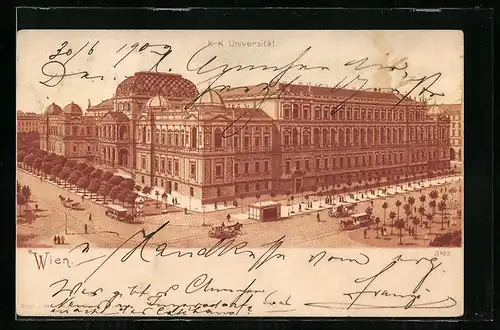 Lithographie Wien, Universität, Pferdebahn