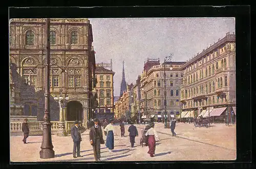 AK Wien, Kärntnerstrasse, Strassenpartie mit Passanten und Kirchturm