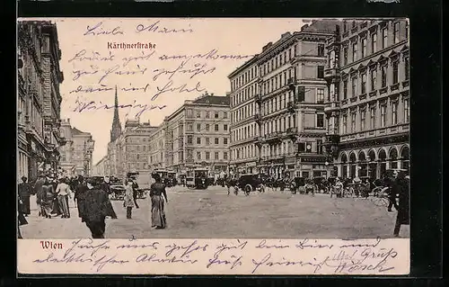 AK Wien, Kärntnerstrasse, Strassenpartie mit Passanten und Strassenbahnen